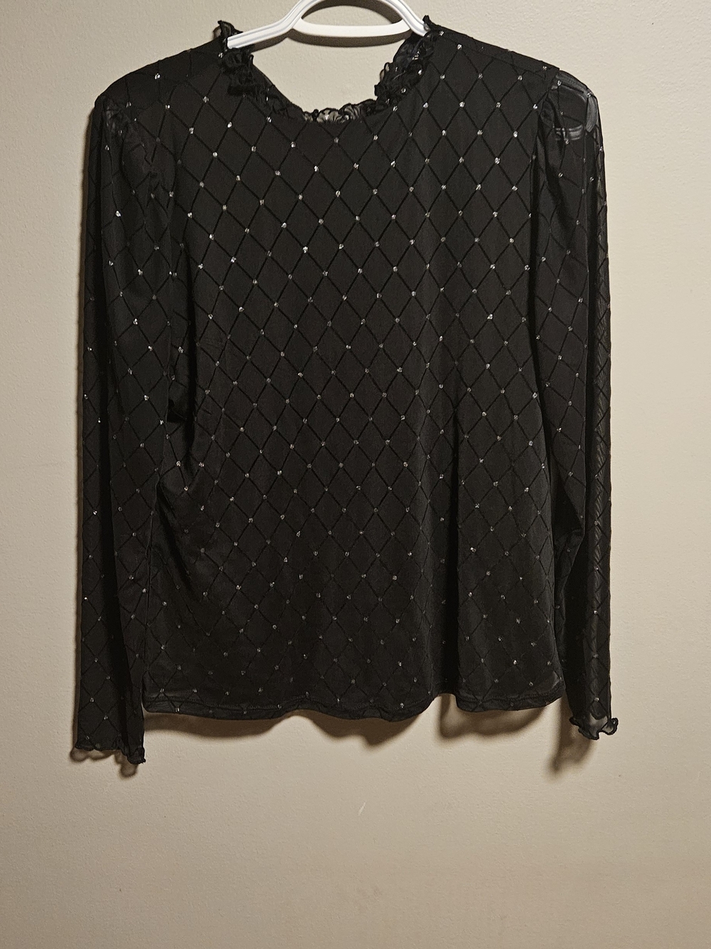 Adrienne Vittadini Black Rhinestone Grid Mesh Blouse